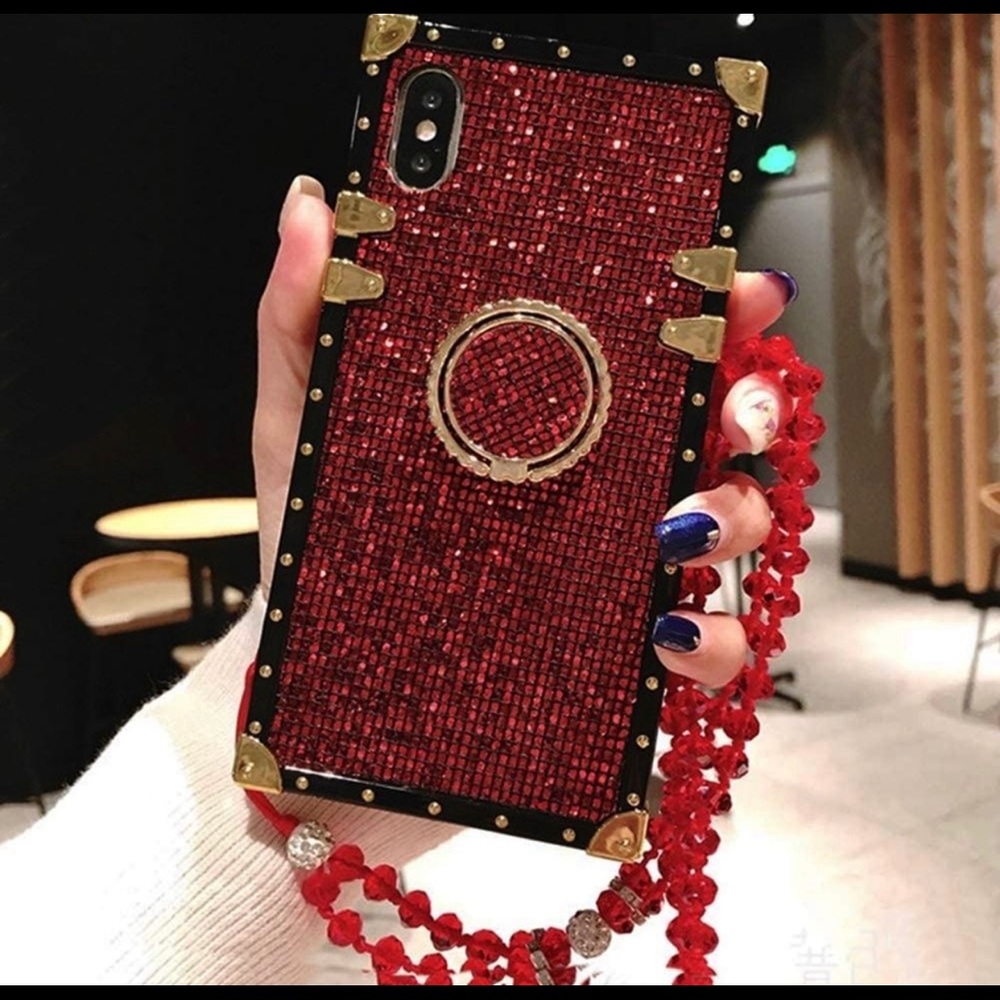 ✨Red Bling Square iPhone Case with Finger Ring✨